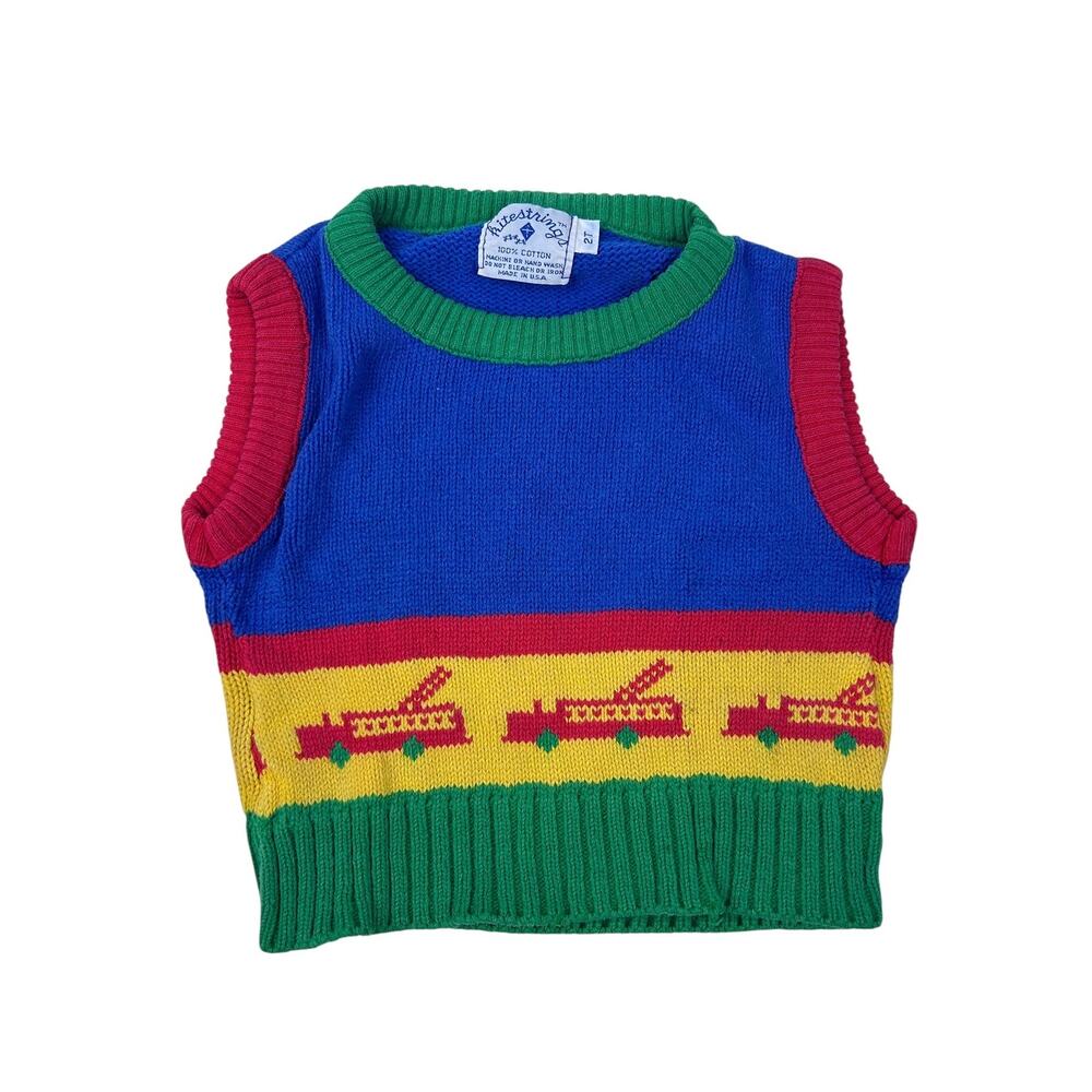 Vintage 80s Kids Toddler Fire Truck Colorblock Knit Sweater Vest 2T